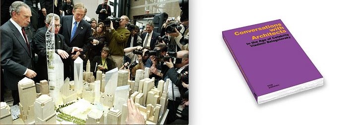 (L) The 2002 news conference which inspired Belogolovsky to create (R) 'Conversations with Architects' (photos via Wall Street Journal and dom-publishers)