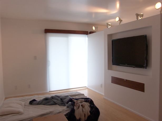 View of partition wall with built-in dvd cabinet and TV inlay