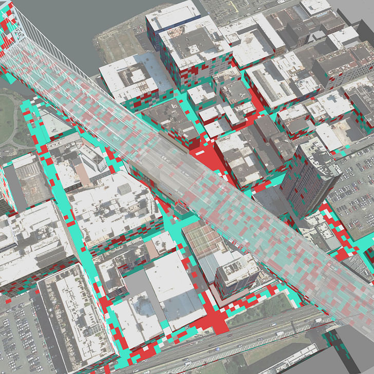 Neurological heat-map from Cloud Lab's DUMBO experiment, displaying meditative (blue) and stressful (red) experiences throughout the neighborhood. Image via GSAPP's Cloud Lab.