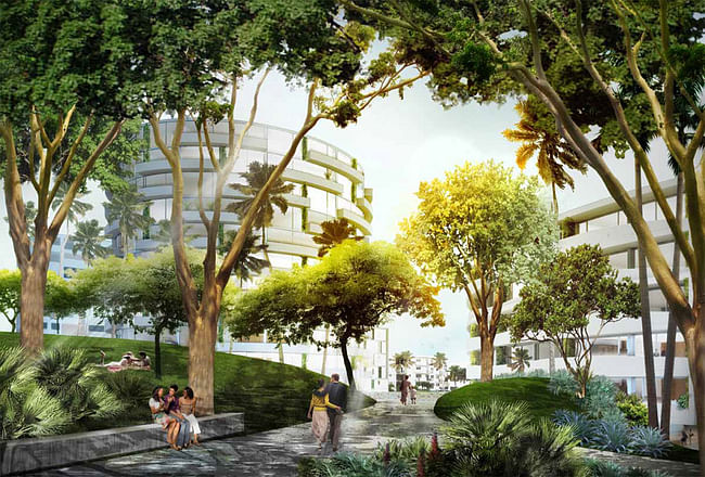 Parking for the new residential area is covered by a raised park. The topography of the new park creates privacy between the residential building and the Convention Center. Image © OMA