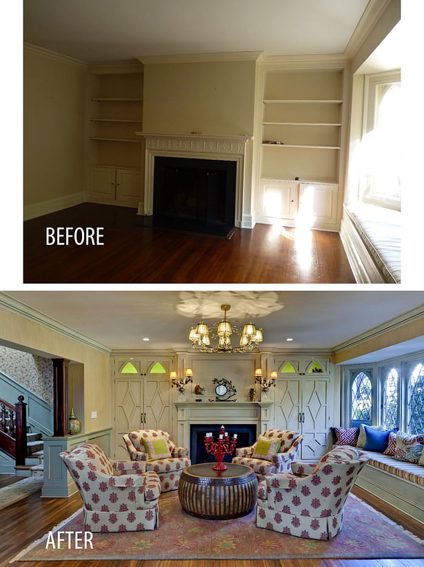 An existing Parlor opened up to see the main staircase with new custom balusters. New millwork replaced existing shelving units, and the fireplace was converted to gas logs.