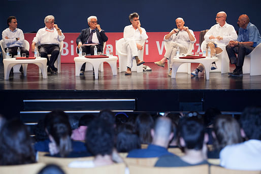 The notoriously all-male "Meetings on Architecture: Infrastructure" panel at the Venice Biennale. Image courtesy of La Biennale di Venezia.