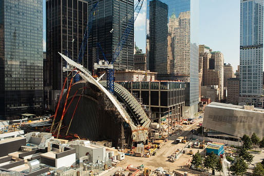 Santiago Calatrava's transportation hub under construction. (Image courtesy Silverstein Properties, via archpaper.com)