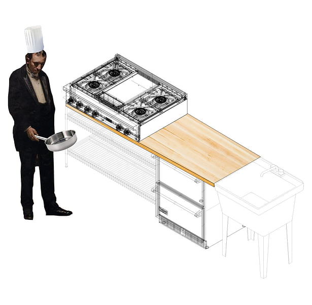 Students’ Cooking Module showing: Vulcan VCRH36 36” W. Gas Hotplate and Range, 8” Chrome-Plated, Two-Level Shelving Unit, ” Laminated Birch Butcherblock, Viking VRDI1240D 24”W. Professional Refrigerated Drawer, and Swan 22” Polypropelene wash tub with flexible connections.