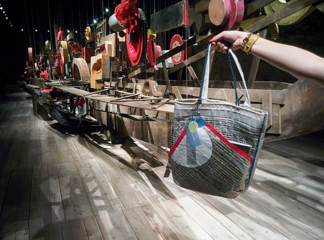 Hand-made tote bags at the Turkey Pavilion 2016, re-purposing sails into wearable fashion. Photo by Laura Amaya.