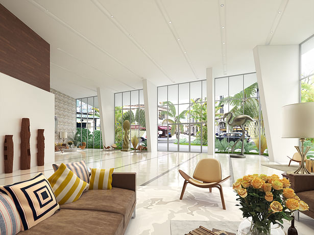 Main lobby of high rise condo tower in Miami. Modern, contemporary, sleek, architecture, design. ~Eddie Seymour