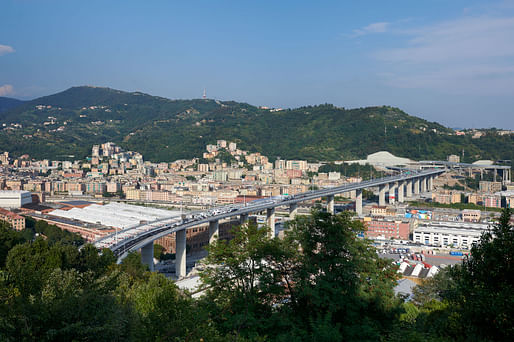 Bird's eye view of the completed 1,067-meter-long bridge that replaces the <a href="https://archinect.com/news/article/150085348/an-investigation-into-the-genoa-bridge-collapse">collapsed Morandi highway bridge</a> in Genoa, Italy. Image via PerGenova on <a href="https://www.facebook.com/PerGenova.SCpA/photos/a.2173803459393923/3175192169255042/?type=3&theater">Facebook</a>.