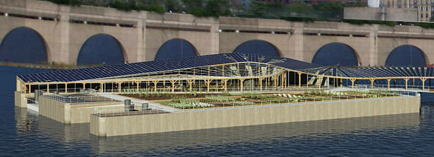 Harlem Piers Farm proposal from Hudson River south with integrated photovoltaic and thermal solar panels, and water collecting greenhouse roof.