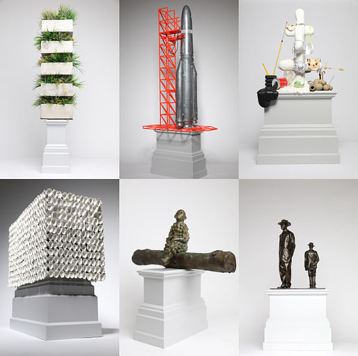 The Trafalgar Square Fourth Plinth shortlist proposals (clockwise from top left): On Hunger and Farming in the Skies of the Past 1957–1966 by Ibrahim Mahama; GO NO GO by Goshka Macuga; The Jewellery Tree by Nicole Eisenman; Antelope by Samson Kambalu; Bumpman for Trafalgar Square by Paloma Varga Weisz; 850 Improntas (850 Imprints) by Teresa Margolles. All photos by James O’Jenkins, courtesy of the National Gallery, London.