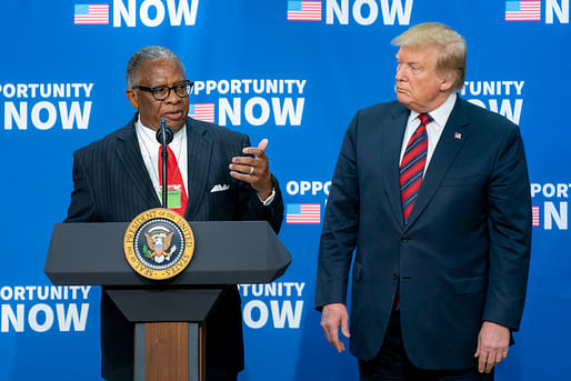 Mayor George Flaggs of Vicksburg, Mississippi and President Donald Trump speaking at an Opportunity Zones conference in 2019. Image courtesy of Official White House  by