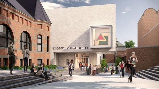 Rendering of the north facade, facing the Dartmouth Green, of the expanded Hood Museum of Art at Dartmouth College. Rendering by MARCH.