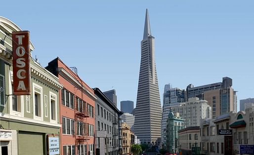 View of the William Pereira-designed Transamerica Tower in San Francisco. Image courtesy of Bernard Spragg, Picrly.
