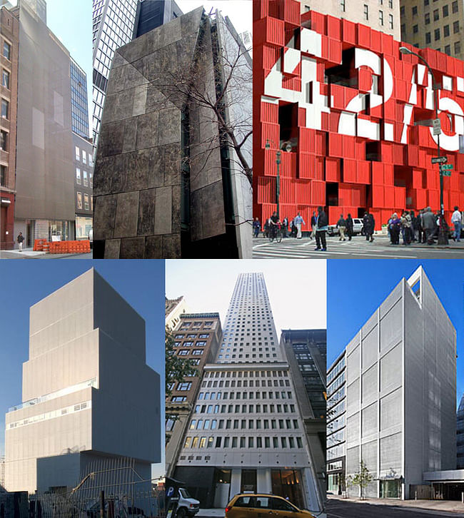 NYC's new starchitect designed prisons: Top left to bottom right: Norten's Americano, Williams and Tsien's Folk Art Prison, LOT-EK's Shipping Container Confinement, SANAA's New Detention, Norten's Celda, Ban's Shutter House