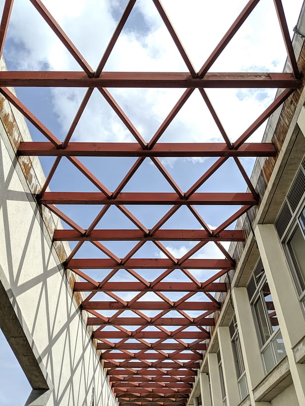 View of the steel Pergola overlooking the courtyards