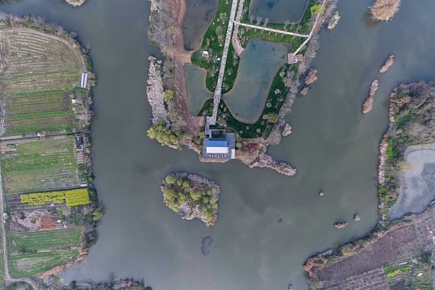 Aerial photography_The relationship between the cabin and Jianyang Lake wetland