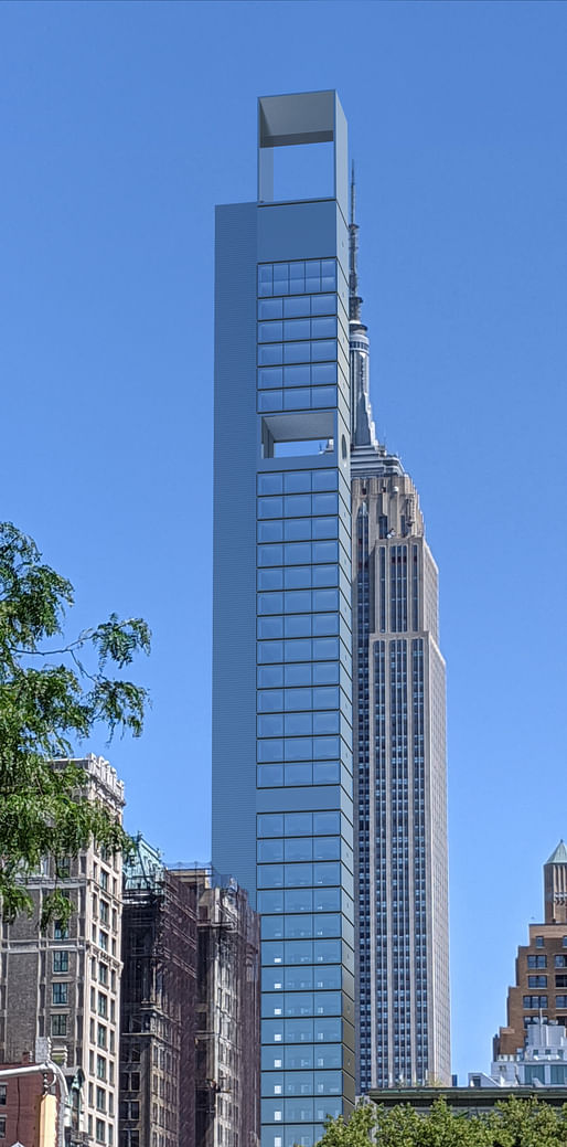 An artist's impression of the under-construction 262 Fifth Avenue tower in Manhattan, blocking views of the Empire State Building behind it. Image courtesy CrossingLights/Wikimedia Commons (CC BY-SA 4.0 Deed)