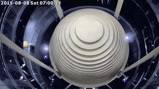 The 728-ton mass damper inside the 1,667-foot tall Taipei 101 broke records during Typhoon Soudelor and swung farther than ever before.