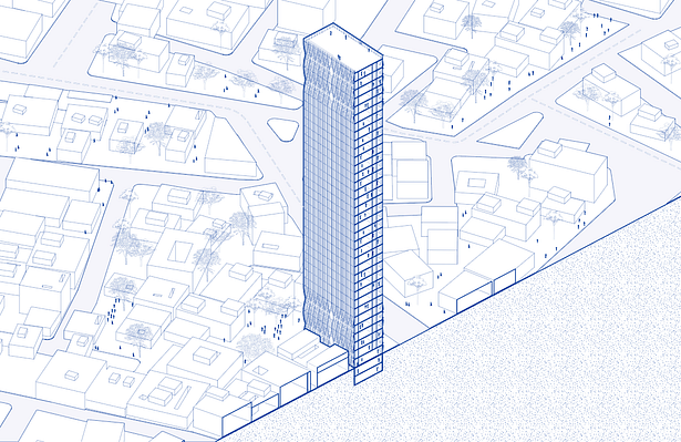 Axonometric View of the Apartment Buiding at Sanaa, Yemen