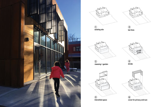 Left: Louvered 'fins' keep the sun's glare out of the new master bedroom suite on the second floor. Right: Diagram demonstrating the innovative sectional solution for adding new construction to an old, traditional house.