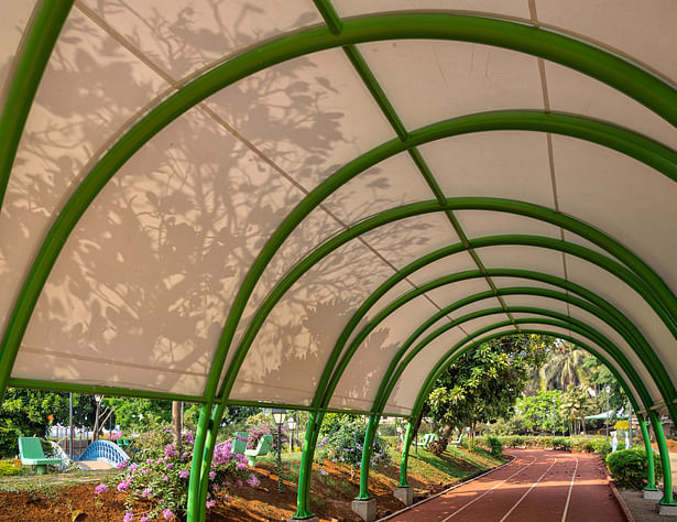 Tensile roof provides respite from extreme weather conditions.