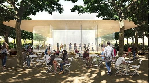 Rendering showing the proposed Apple Campus 2 visitors center with its obligatory cafe and store — and rooftop viewing platform. (Image via bizjournals.com)