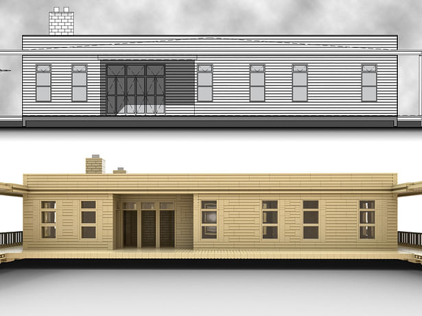 Elevation drawing juxtaposed to the Lego render