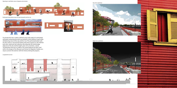 To activate the river, a path is defined using walls made of a perforated red metal containing punched out windows, which defines a path while still allowing views to the city and the river. The perforated metal walls are also used as a structure for plants and vines to grow on. The material and color, metal and red, reference the industrial red metal bridge adjacent to the site and the bright colors of La Caminito, a street, located down the river in La Boca. This same material was then used...