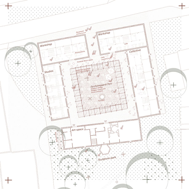 Floorplan/Courtyard with the semi-private and public functions Scale 1:250