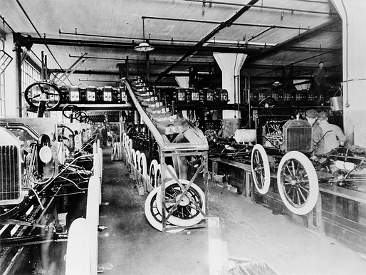 Ford's Model T assembly at the Highland Park Plant by Albert Kahn, located near downtown Detroit. Image: Ford Media Center.