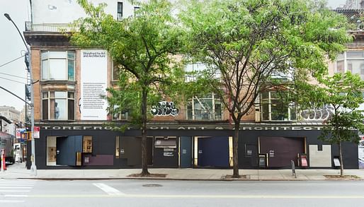 Storefront for Art & Architecture’s facade, designed by artist Vito Acconci and architect Steven Holl, featuring <i>What Black Is This, You Say?</i> by Amanda Williams, commissioned by Storefront for Art and Architecture, 2021. Photo by Michael Oliver.