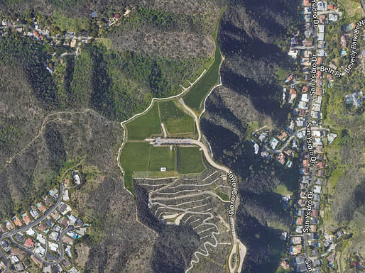 Aerial view of “The Mountain of Beverly Hills.” Image courtesy of Google Earth.