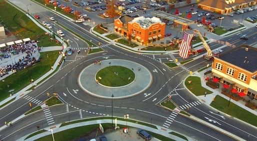 The photo shows Carmel, Indiana's 100th roundabout (of now 102 total). Image via the city's Facebook page.