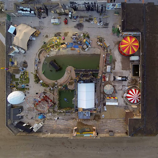 Aerial view of 'Dismaland,' the rumored Banksy pop-up show in the British seaside resort of Weston-Super-Mare. Photo: Iain Brimecome & Jon Goff, image via streetartnews.net.