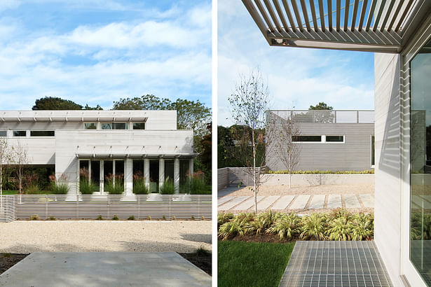 Cedar Brise Soleils Control Solar Gain, Metal Grating over Lightwells Allows Daylight into Basement Playrooom and Bedrooms.