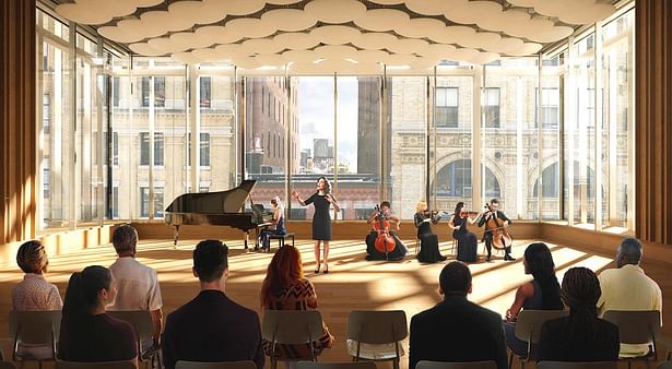 The Paulson Center provides NYU with instruction and practice rooms for its music and performing arts programs, and the University’s first orchestral ensemble room. Illustration by Brooklyn Digital Foundry.