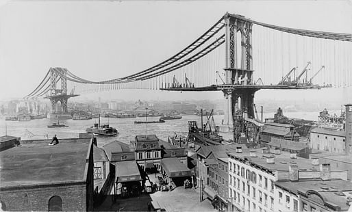 View of the Manhattan Bridge under construction in 1909. Image courtesy of Wikimedia user Irving Underhill, Library of Congress.