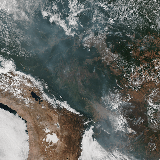 Satellite images of the Amazon from the National Oceanic and Atmospheric Administration show smoke from fires in the air above the rainforest. Image taken August 22, 2019. Image © NOAA 