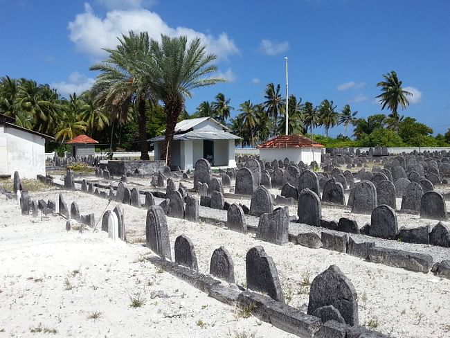Koagannu Mosques and Cemetery, Maldives: A historic waterfront cemetery with distinct coral - stone architecture is threatened by rapidly rising seas and highlights the urgency of the climate crisis and the need for adaptive preservation solutions. Pictured: View of Koagannu Cemetery. Image courtesy WMF.