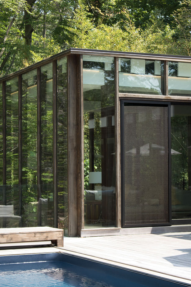A new energy-efficient sliding glass door was incorporated into the existing glazing details at the living room, for direct access to the pool deck.