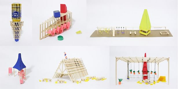 models / comedores pupulares, water tanks, playgrounds, pavilions, benches, watchtowers, platforms