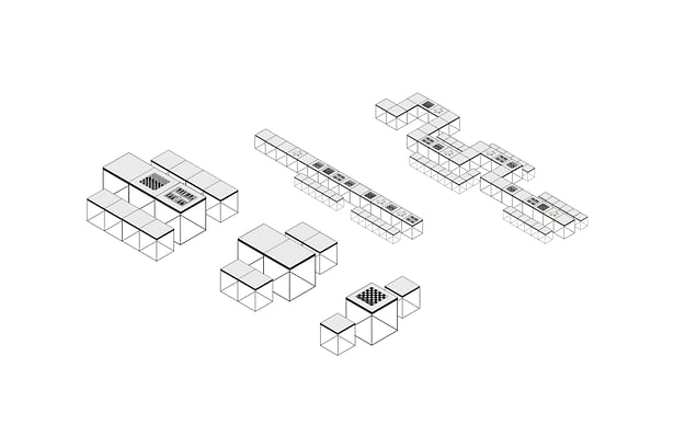 The seat and caterpillar tables are shaped by small modules that can be easily joined together. Lightweight and easy to handle, they are made available to the public and the site’s various programmes. © Franklin Azzi Architecture