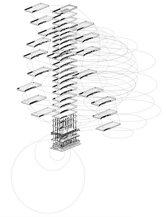 Exploded axonometric that illustrates how the parabolic indentation creates a secondary network of public terraces on the extension of the tower. Courtesy of CAZA Architects.