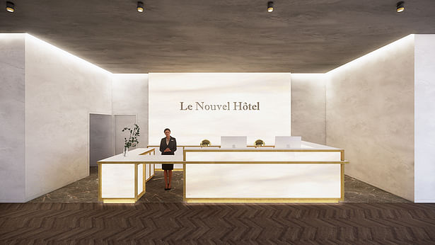 The inspiration behind the lighting concept for Le Nouvel Hôtel comes from the idea of transition from warm to cool colors according to circulation as guests move from the first to the second floor. As one enters the hotel, a stream of warm and bright light invites guests in. The marble reception desk is backlit with diffused warm light.