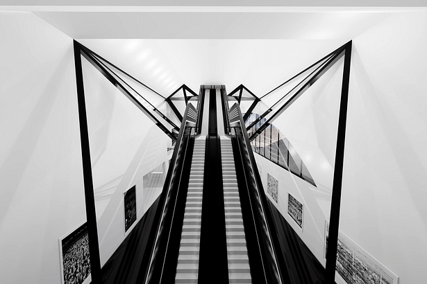 Interior grand promenade cutting through galleries towards the central archive core.