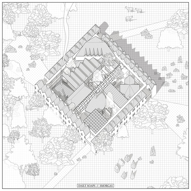 axonometric / a new domestic model, emancipated from the cliches of privacy and urban order, rooted in collective spaces and social connections