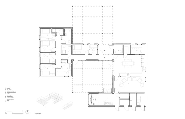 Plan: 12’ modules on grid are assembled around a central courtyard and trellis.