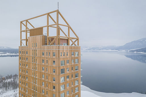 The 18-story, 280-foot <a href="https://archinect.com/news/tag/1192974/mjosa-tower">Mjøstårnet tower</a> in Norway was, until recently, the world's tallest mass-timber building. Image courtesy Woodify AS.