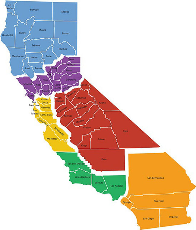 Map of the six proposed 'California States' according to billionaire Tim Draper's “Six Californias” Plan