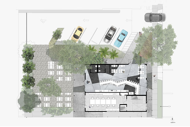 Site Plan and Ground Floor Plan of 511 + AQUI Bar and Studio Space 