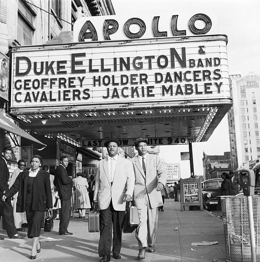 The American Jazz trumpeter Clark Terry walking by the Apollo Theater in Harlem, New York. Image courtesy Ford Foundation, J. Paul Getty Trust, John D. and Catherine T. MacArthur Foundation, Andrew W. Mellon Foundation, and Smithsonian Institution.